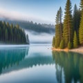 Morning fog over a beautiful lake surrounded by pine forest Royalty Free Stock Photo