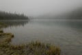 Morning fog over Cavell Lake in Canadian Rockies Royalty Free Stock Photo