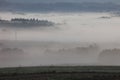 Morning fog over fields and meadows of Podkarpacie region in Poland