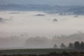 Morning fog over fields and meadows of Podkarpacie region in Poland