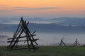 Morning fog over fields and meadows of Podkarpacie region in Poland