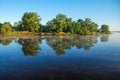 Morning fog over the mirror, calm surface of the river