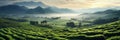 Morning fog over a Sri Lanka tea plantation, hightland landscape, beautiful panorama