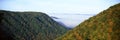 Morning fog at sunrise in autumn mountains of West Virginia in Babcock State Park