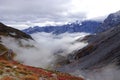 Morning fog in the valley between the mountains at Stilfser Joch in Italy