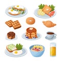 Morning food. Cartoon breakfast meals. Glass of juice and toast with scrambled eggs. Cup full of coffee or bowl of porridge. Royalty Free Stock Photo