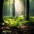 Morning in the forest with fern leaves and sunbeams. Summer forest tree landscape. Generative AI Royalty Free Stock Photo