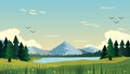 morning forest, meadow cartoon background, nature landscape with the river and the mountains, the morning sunlight Royalty Free Stock Photo