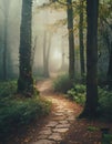 Morning in the forest, mystic path in the woods, dark landscape