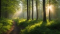 morning in the forest a path through a forest with sunbeams Royalty Free Stock Photo