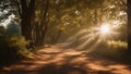 morning in the forest a sunlit nature path with trees and shadows a sunny and peaceful environment Royalty Free Stock Photo