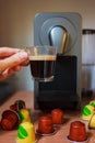 Morning fragrant coffee with coffee machine. Royalty Free Stock Photo