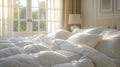 sunlit bedroom with white linens AI Generated Royalty Free Stock Photo