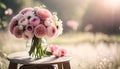 Morning Glow Bouquet, Pink and White Flowers in Glass Vase on Wooden Table with Sunlit Meadow Background Royalty Free Stock Photo