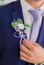 Morning groom, Groom in a jacket, The groom straightens the buttonhole, wedding day. Royalty Free Stock Photo
