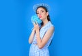 Morning grooming and skincare. Bath time. pinup girl with fashion hair. woman shaving washing with sponge. washcloth Royalty Free Stock Photo