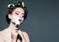 Morning grooming and skincare. pin up woman with trendy makeup. pinup girl with fashion hair. retro woman shaving with