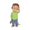 Morning hangover guy. Young man with headache and a bottle. Flat design icon. Flat vector illustration. Isolated on