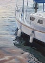 Morning at the harbor - yacht sailing boat prow and water surface oil painting on canvas