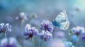 Morning Haze Delight: Close-Up of Wild Chamomile, Purple Wild Peas & Butterfly in Beautiful Landscape with Cool Blue Tones & Royalty Free Stock Photo