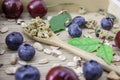 Morning healthy food with Granola and muesli in Wooden spoon , berries and cherries with green leaves placed in beautiful wood