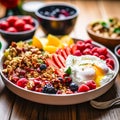 Morning healthy vitamin breakfast, salad with scrambled eggs and berries. Generative AI