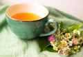 Morning herbal tea cup and summer flowers near window view on blue green cotton napkin background Royalty Free Stock Photo