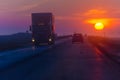 Morning Highway, traffic, long-distance trucking services, road to the east Royalty Free Stock Photo