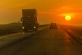 Morning Highway, traffic, long-distance trucking services, oncoming traffic, intercity transportation Royalty Free Stock Photo