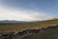 Morning at Himalayan lake near buddhist wall