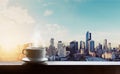 Morning hot coffee in sunrise, city backgrounds