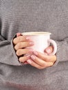Morning hot coffee at work on a cold autumn morning, hands holding a mug with a drink, gray sweater, pink manicure, close up, Royalty Free Stock Photo