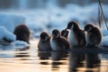 Morning Huddle: Penguins Gathered on Snowy Terrain with Icy Waters in the Background