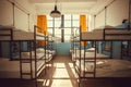 Morning in huge room of the empty hostel with beds for students and young tourists