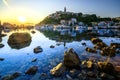 Morning image of the town of Vrbnik. Summer seascape of the Adriatic Sea, sunrise, island, Krk, port, beach of the Kvarner Bay.