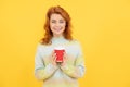 Morning inspiration. girl drinking tea. woman hold plastic cup. good morning. express happiness.