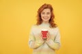 Morning inspiration. girl drinking tea. woman hold plastic cup. good morning. express happiness.