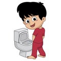 In the morning,kid peeing in a bathroom.vector and illustration.