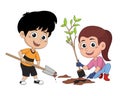 In the morning,kid planting a tree.