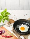 Morning in the kitchen. Cooking breakfast. Fried egg. Royalty Free Stock Photo