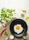 Morning in the kitchen. Cooking breakfast. Fried egg. Royalty Free Stock Photo