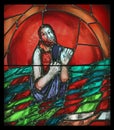 Morning on the lake, Easter, detail of stained glass window in Chapel in the Jesuit cemetery in Pullach, Germany Royalty Free Stock Photo