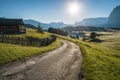 Morning landscape of Alpe di Siusi plateau road, Dolomites mountains, Italy