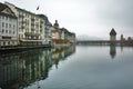 Morning landscape of Chapel Bridge over Reuss River, city of Lucerne, Switzerland Royalty Free Stock Photo