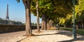 Morning landscape of the Eiffel Tower from the top of the Paris Seine embankment Royalty Free Stock Photo