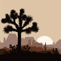 Morning landscape with Joshua tree and mountains over sunrise. Vector illustration.