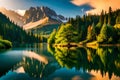 Morning landscape: mountains, trees, lake reflection, clouds. Generative AI Royalty Free Stock Photo