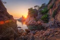 Morning landscape in sea bay of rocky coast. Scenery sea nature at sunrise. Amazing view on rocks and sea on spanish beach Royalty Free Stock Photo