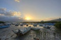 Morning landscape with stranded boats on Tamsui river, in Taipei Taiwan