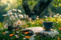 Morning leisure in garden coffee, book, flowers on lush lawn